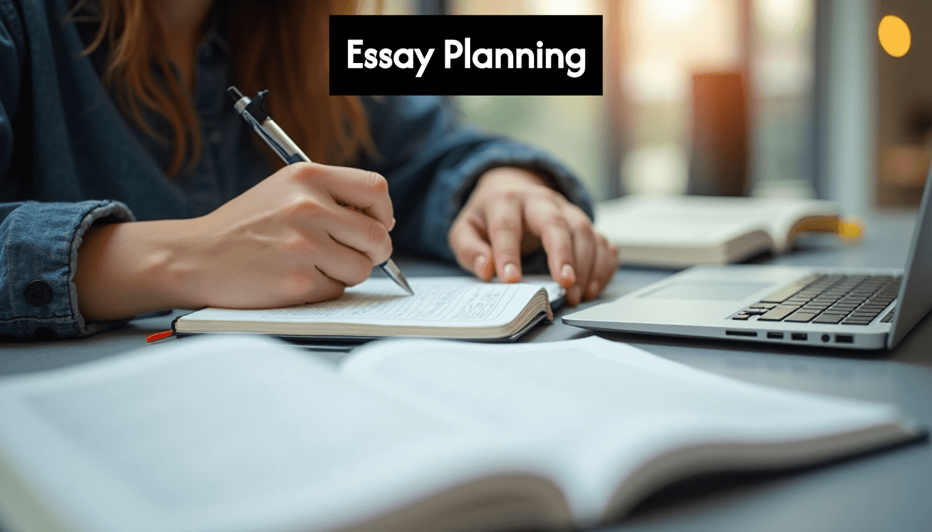 Hands planning essay with notebook and laptop