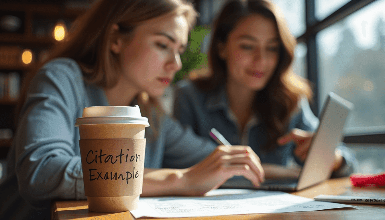 Students referencing citation formats at a coffee shop