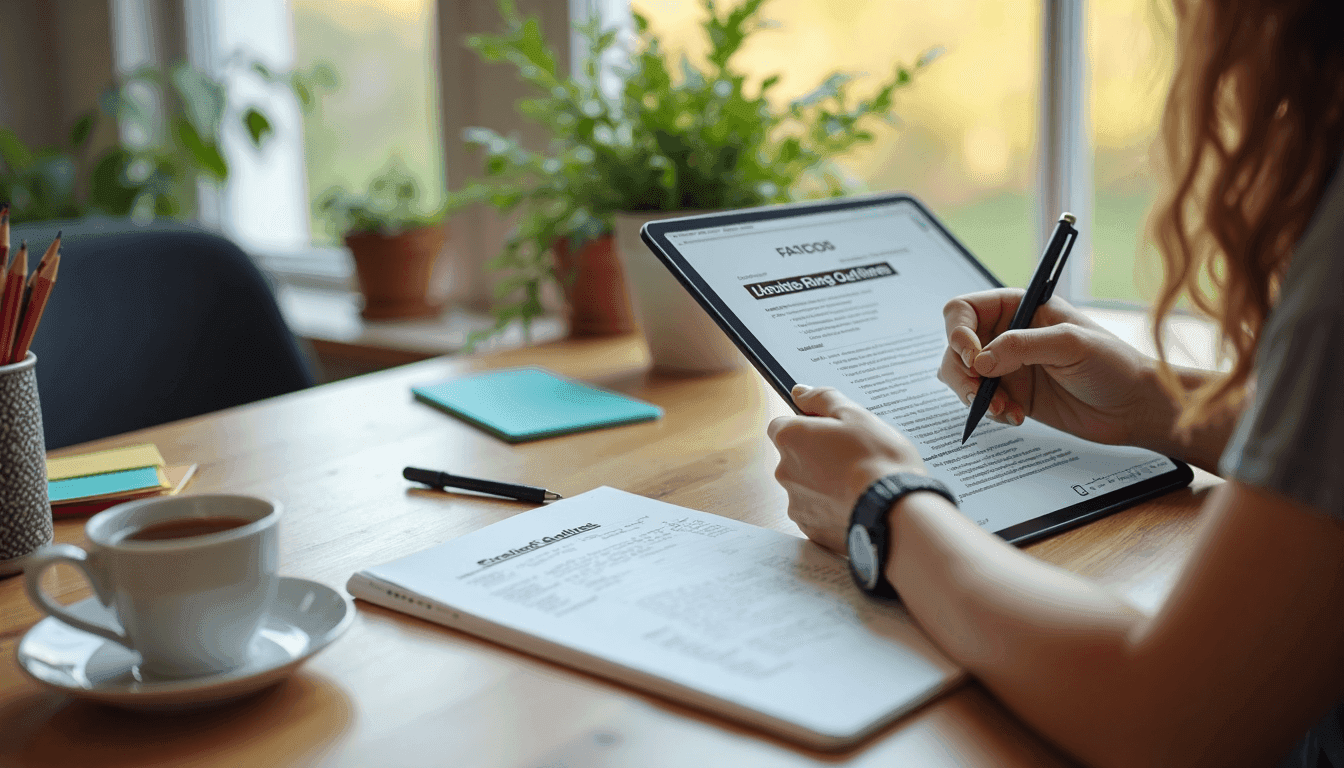 Writer outlining on tablet and notepad in sunlit home office