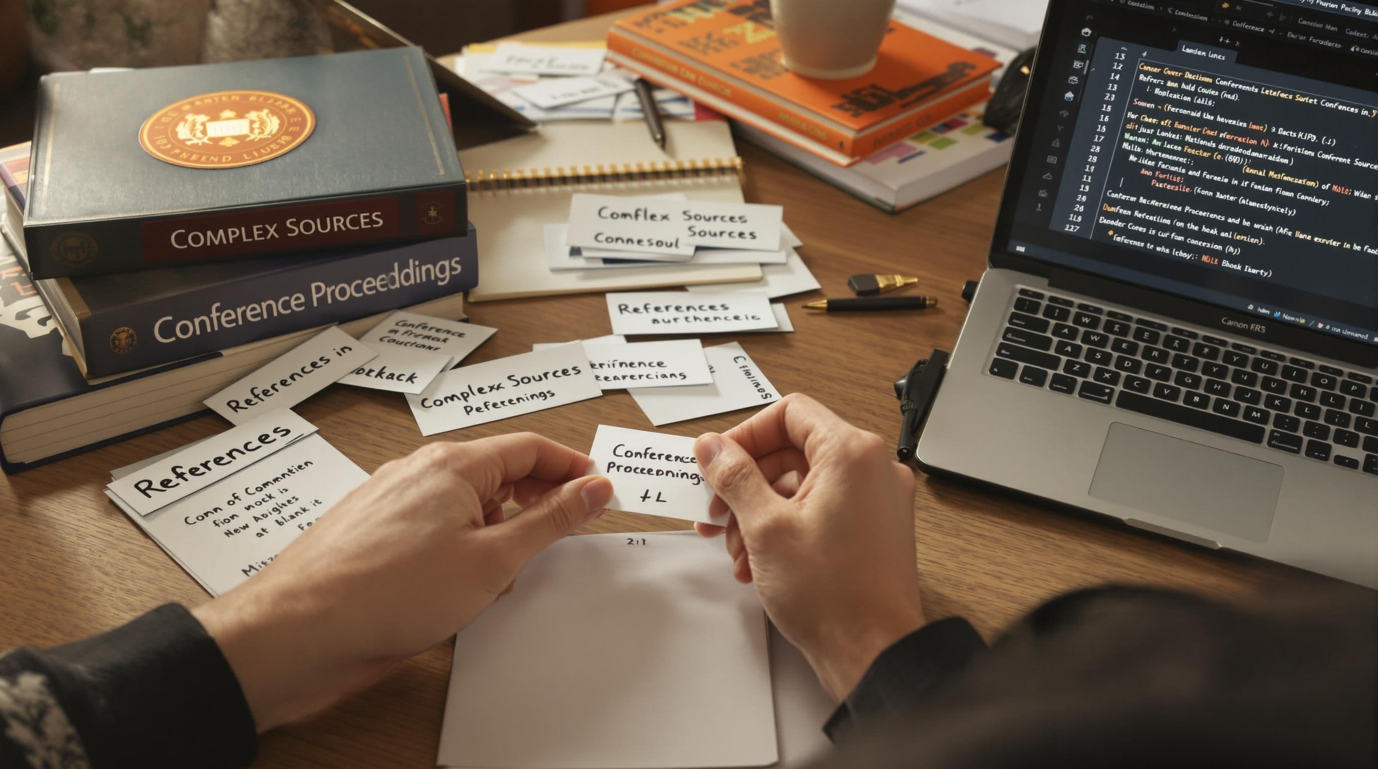 Student arranging complex references with books, laptop, and tablet