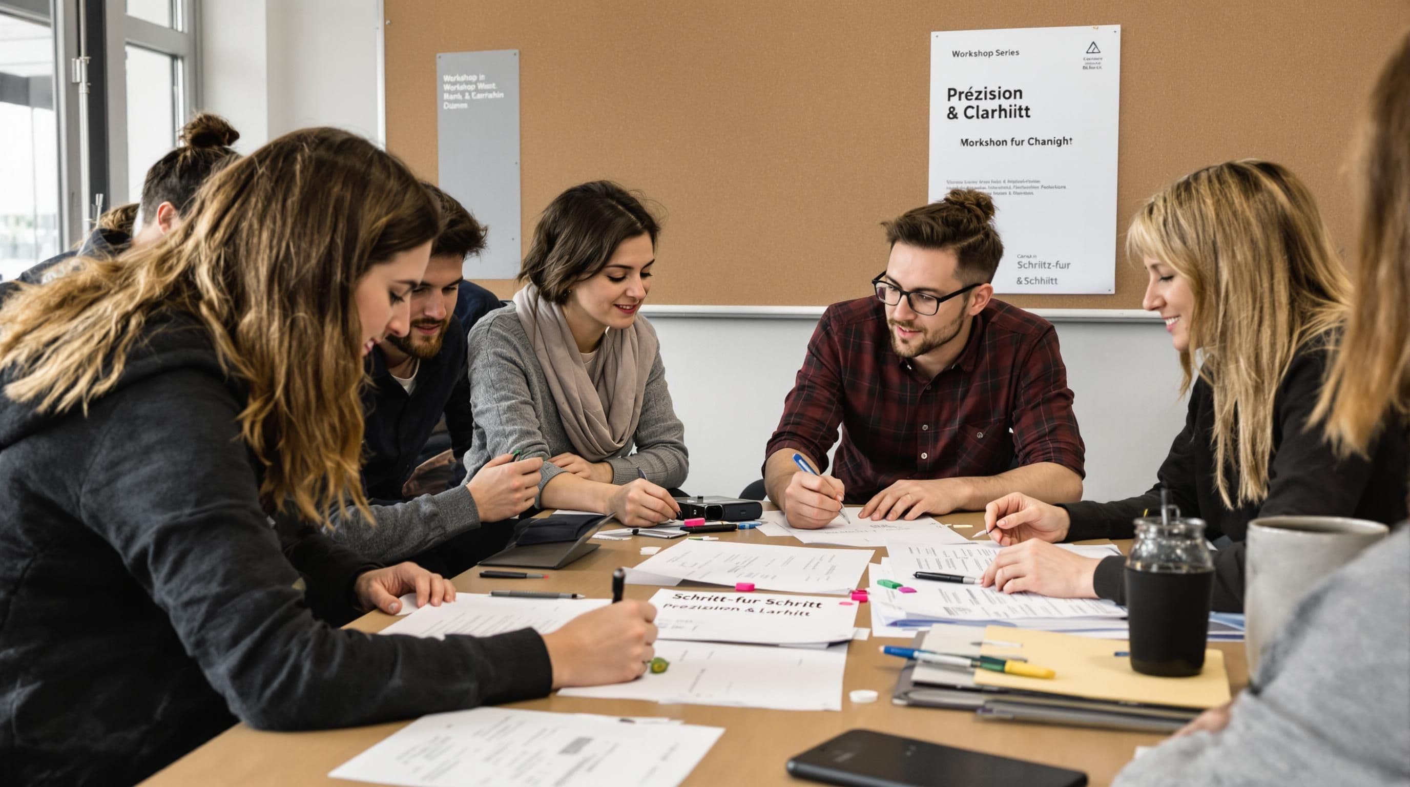 Studierende besprechen Forschung und Notizen mit Plakat Präzision & Klarheit