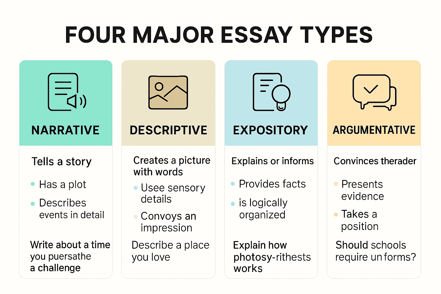 Infographic comparing four major essay types