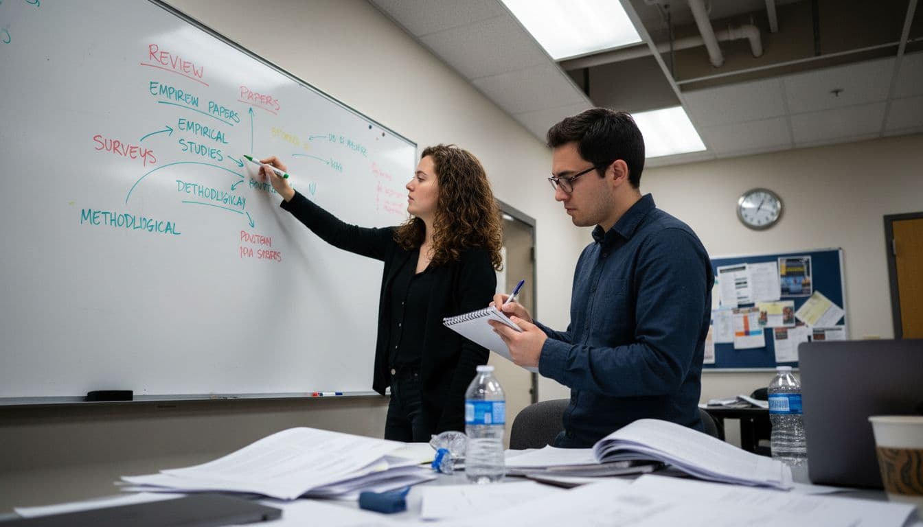 Students discussing research paper types