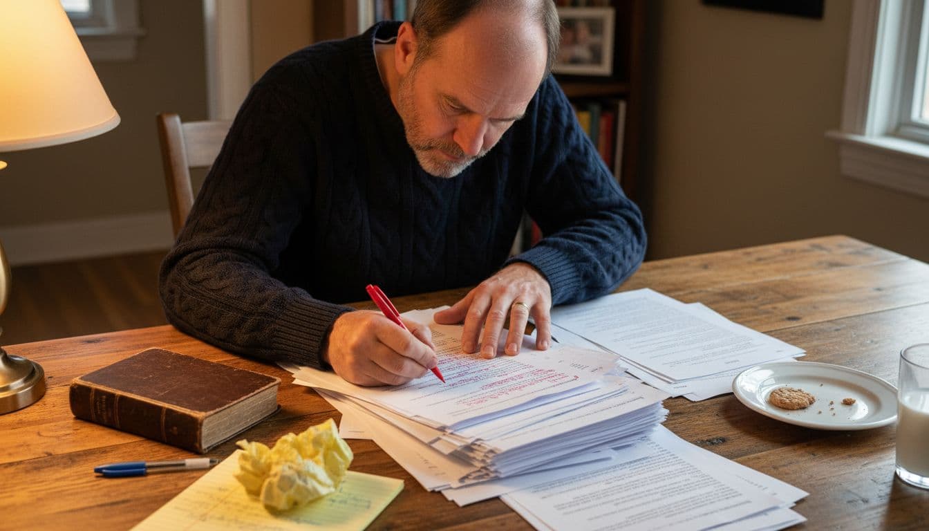 Man editing academic draft with corrections