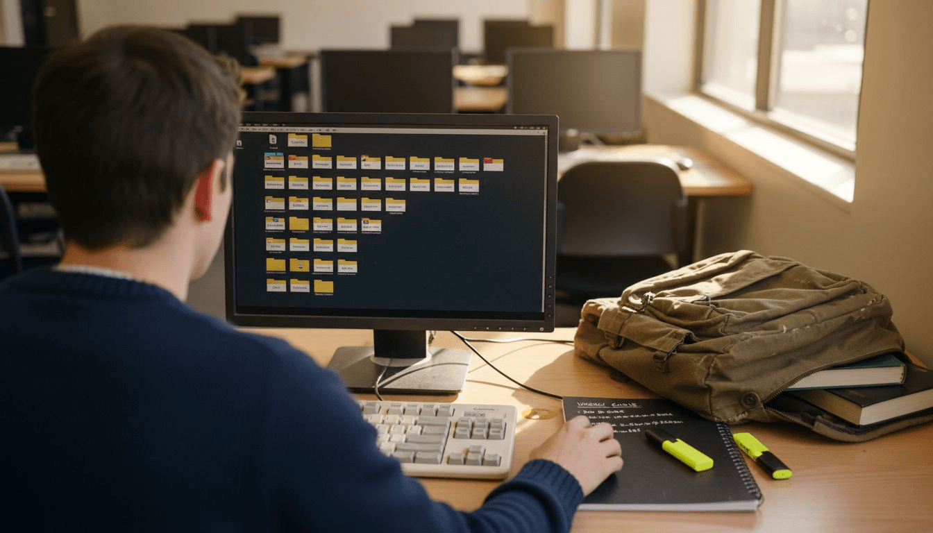 Student organizing digital research folders