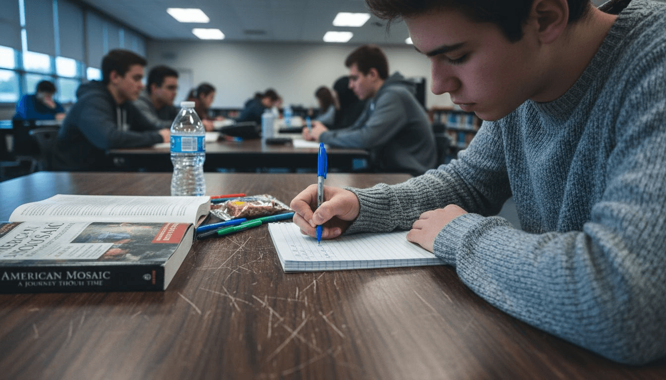 High school student writing essay in library