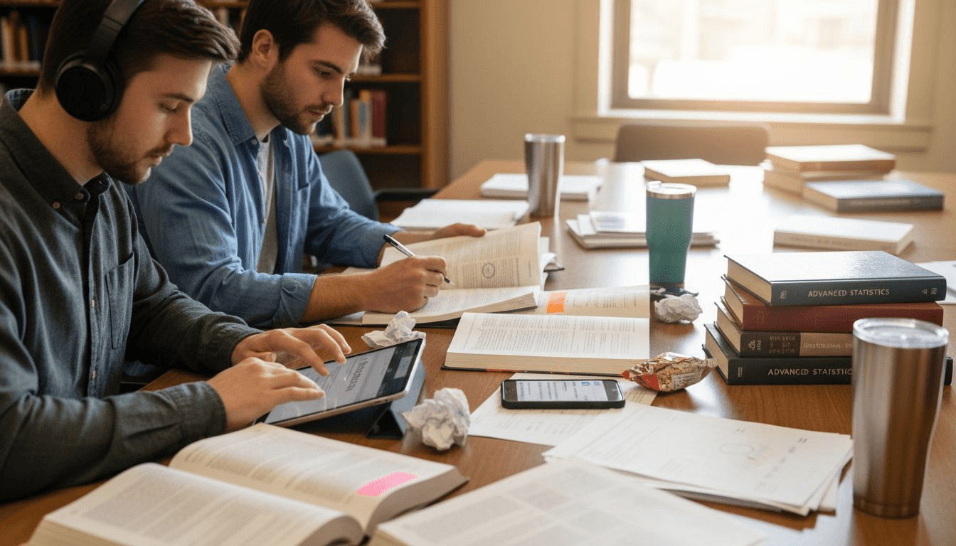 Students collaborating on work-life balance research