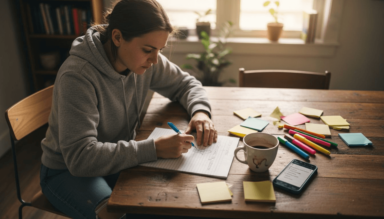Person outlining essay structure at table
