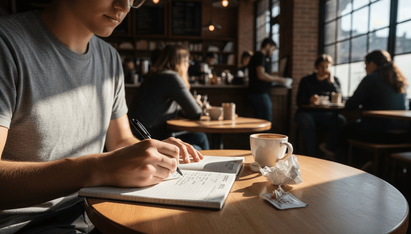 Student jotting sensory details in café