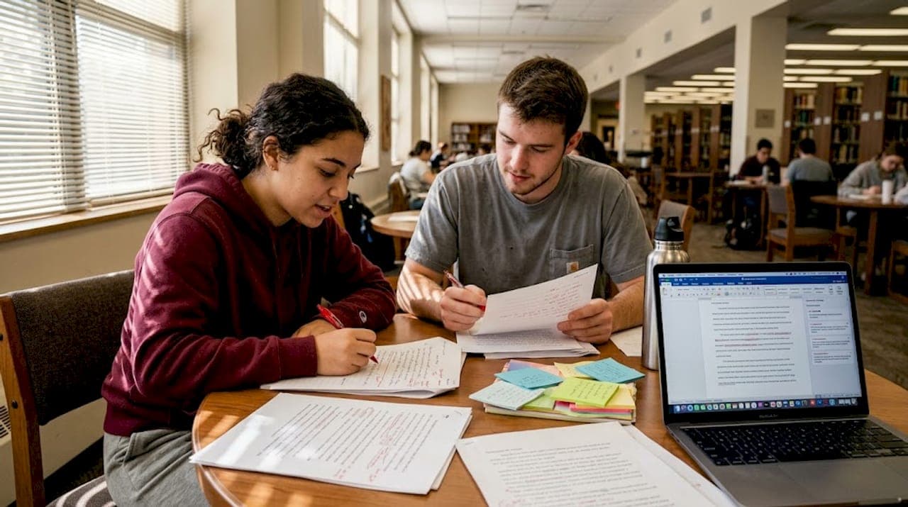 Students exchanging peer review essay feedback