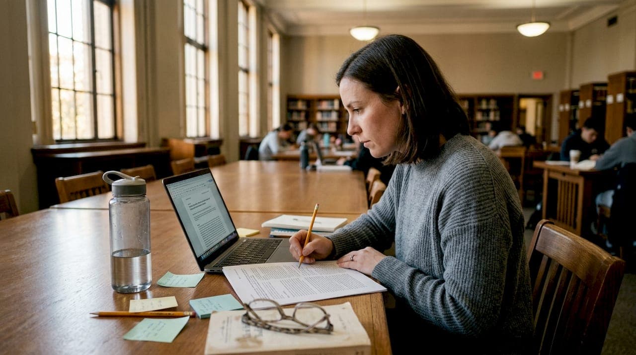 Woman evaluating academic article in library