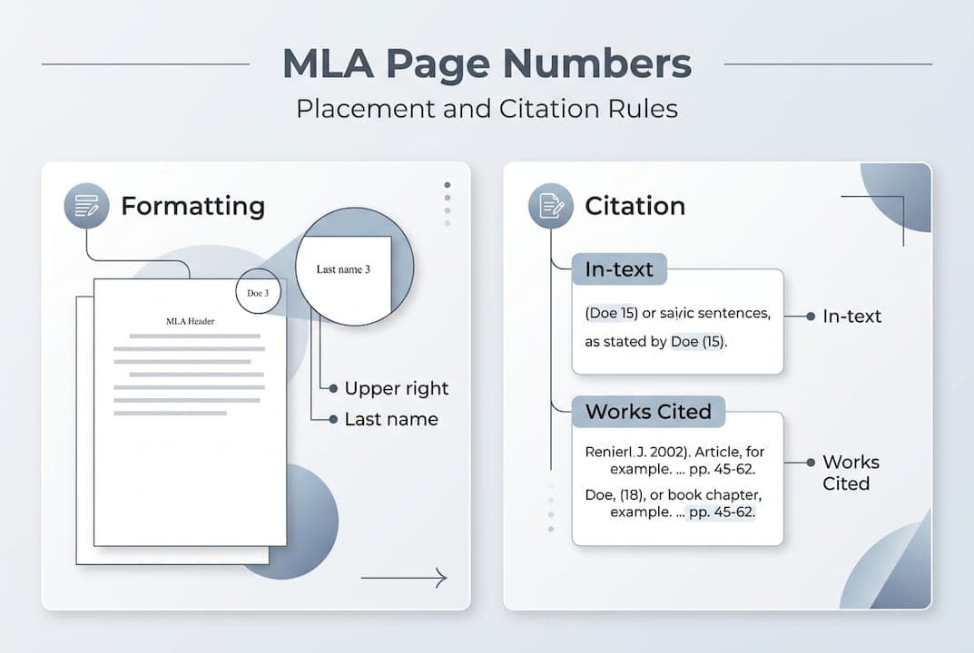 Infographic showing MLA page numbering placement and citation basics