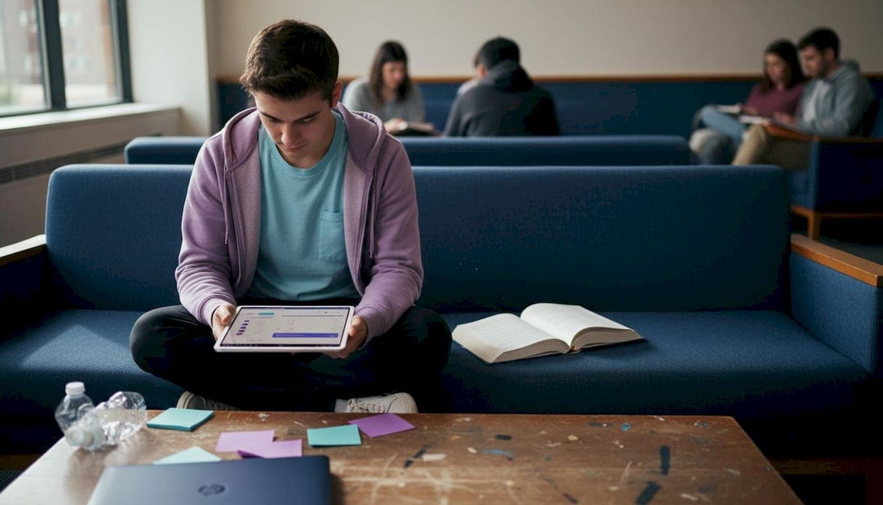 Student revising APA references in lounge