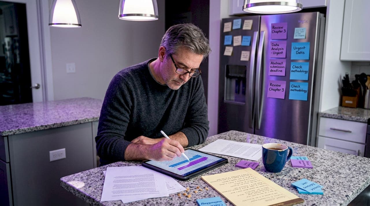 Man revising essay on tablet in kitchen