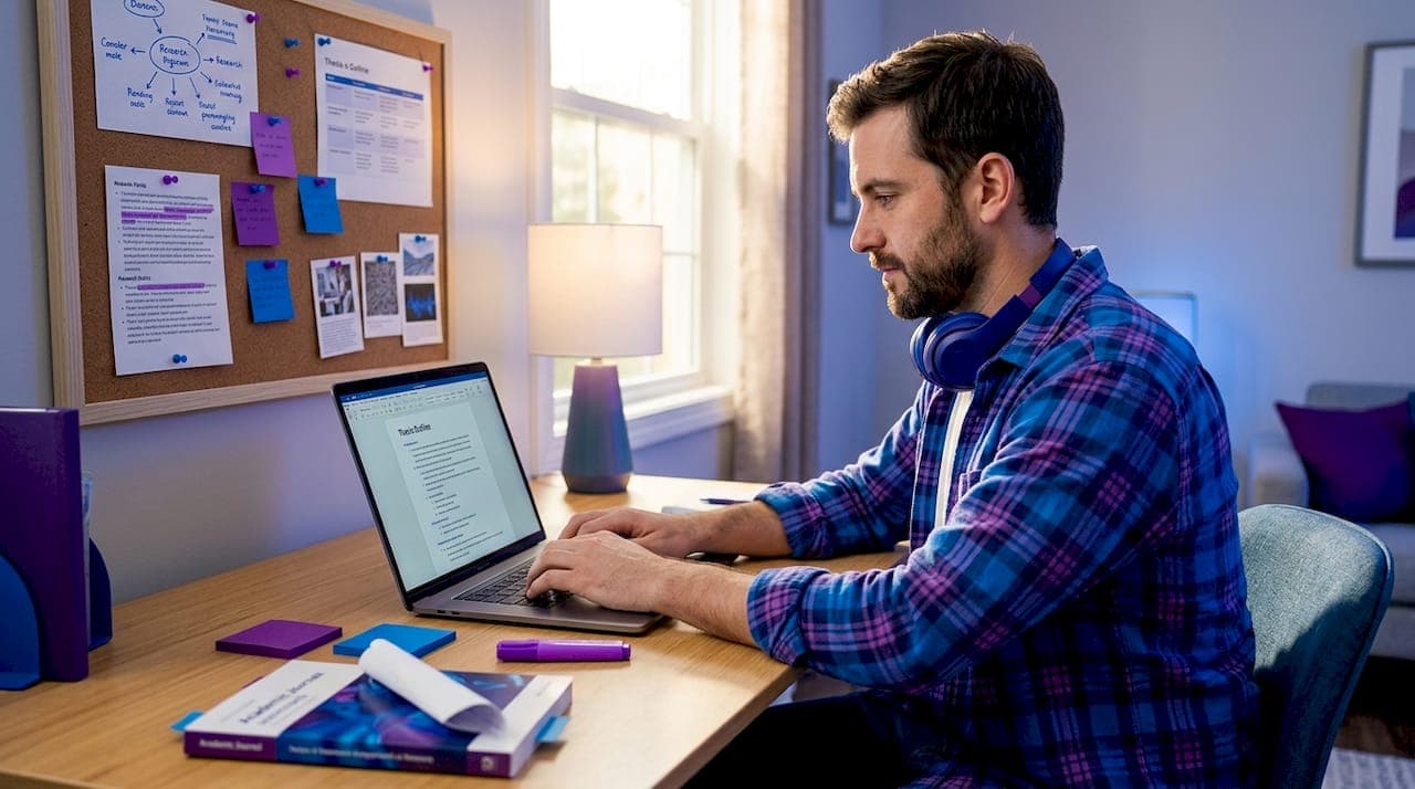 Student drafts thesis in campus study room