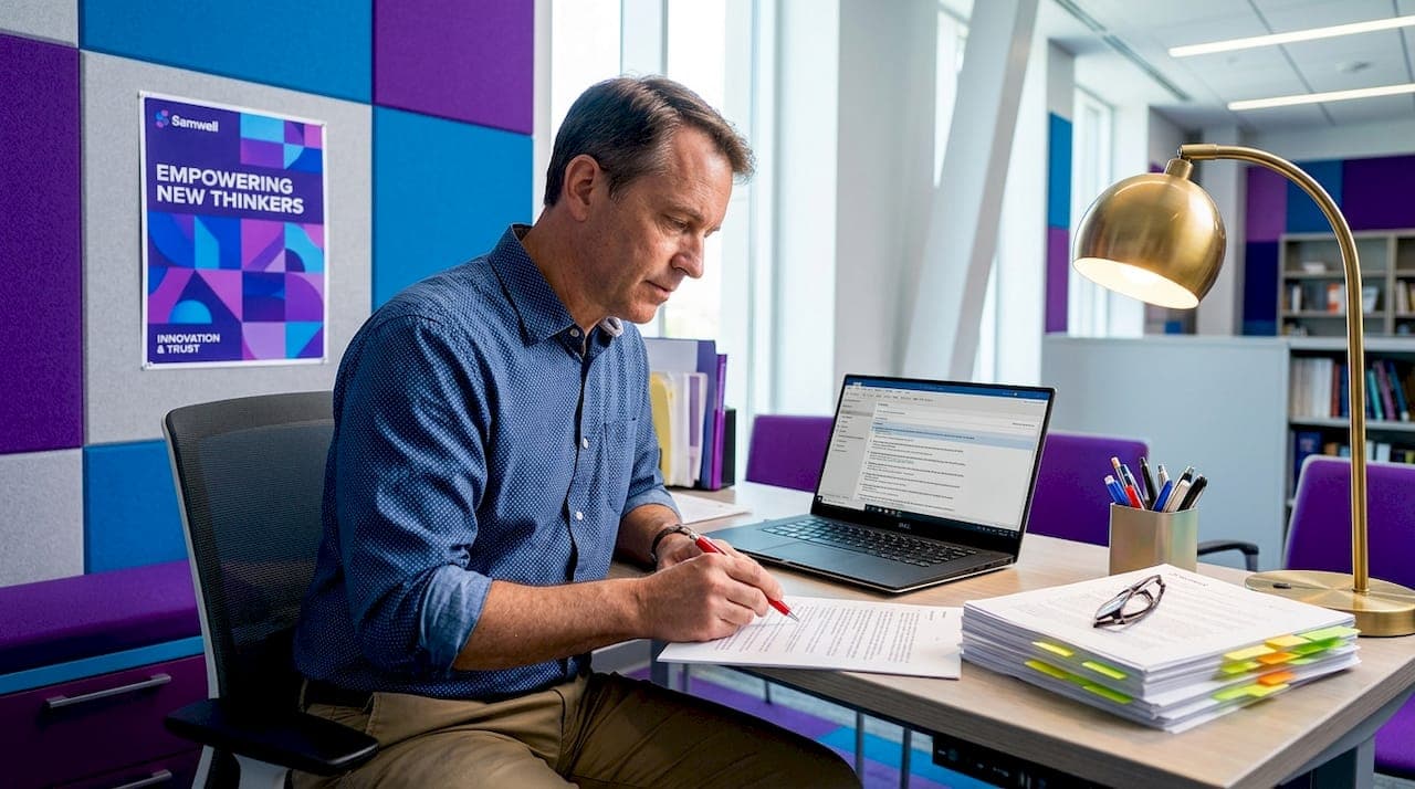 Professor verifying citations in cluttered office