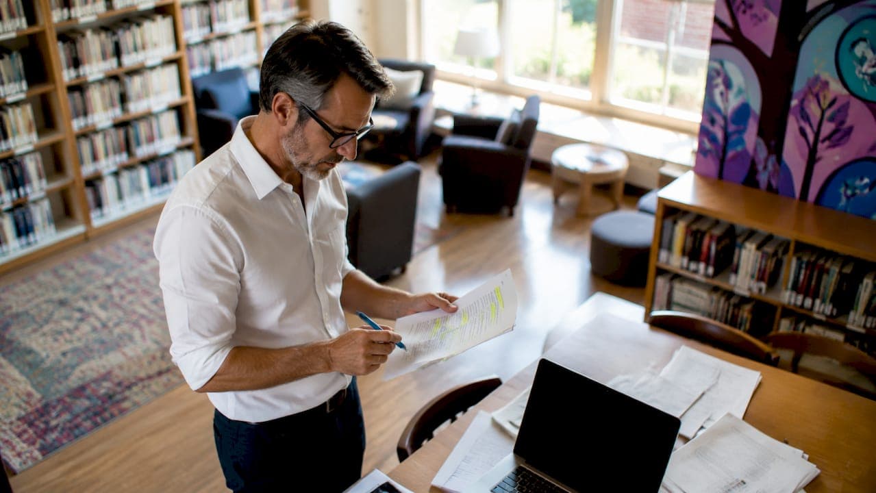 Educator reviewing printed AI detection results